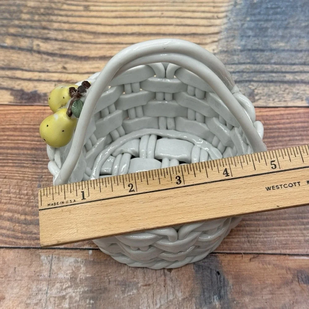 Vintage Ceramic Open Weave White Lattice Fruit Basket Pear Applique w Faux Fruit